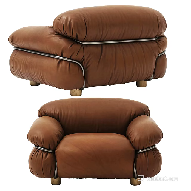 Modern Comfortable Brown Leather Single Sofa With Soft Armrests And Metal Legs 3d model