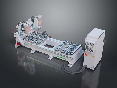 Industrial CNC Machining Equipment With Long Workbench Multiple Clamps Mechanical Arm And Control Cabinet 3d model