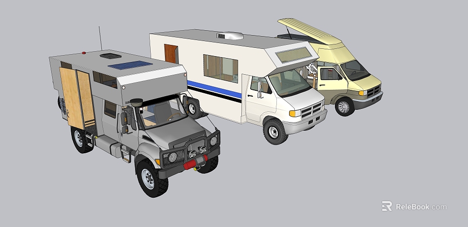 Various Types of Functional Vehicles Including RVs and Campers Designed for Outdoor Travel Activities 3d model 