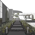 Modern Guesthouse Exterior With White Curved Structure Glass Elements Outdoor Staircase And Landscaped Garden Greenery