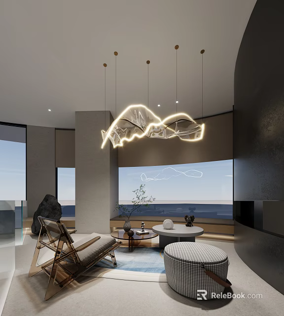 Modern Minimalist Lounge Area Interior With Comfortable Chair And Wave Pendant Light 3d model 
