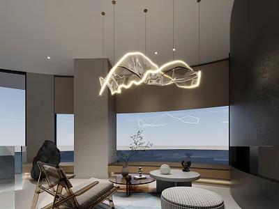 Modern Minimalist Lounge Area Interior With Comfortable Chair And Wave Pendant Light 3d model