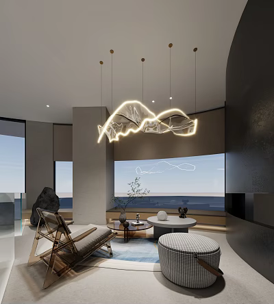 Modern Minimalist Lounge Area Interior With Comfortable Chair And Wave Pendant Light 3d model
