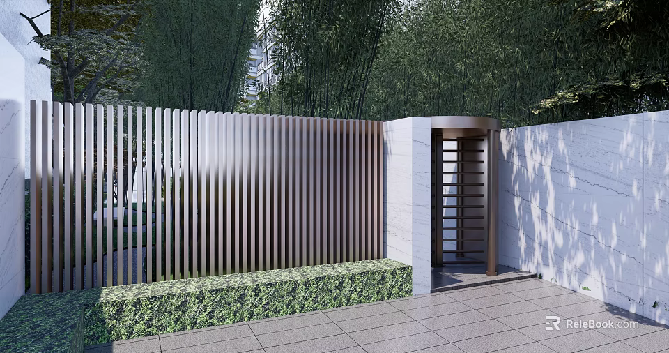 Modern Entrance Gate Exterior Design With Vertical Slat Fence Stone Wall And Lush Greenery 3d model 
