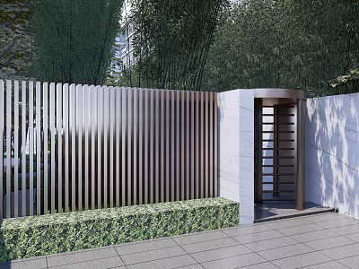 Modern Entrance Gate Exterior Design With Vertical Slat Fence Stone Wall And Lush Greenery 3d model