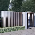 Modern Entrance Gate Exterior Design With Vertical Slat Fence Stone Wall And Lush Greenery