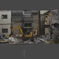 KOMATSU Yellow Excavator Engaged In Demolition Work Amidst Rubble And Old Buildings
