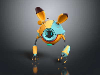 3D Robot Character With Yellow Blue Mechanical Ears Round Body And Digital Eyes 3d model