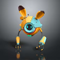 3D Robot Character With Yellow Blue Mechanical Ears Round Body And Digital Eyes