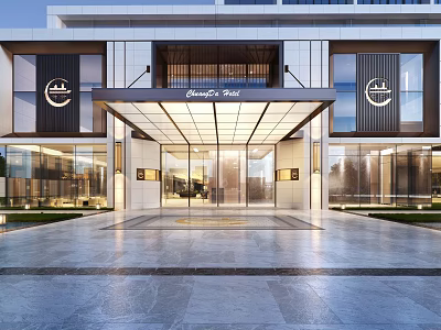 Modern Hotel Building Exterior Design Featuring Glass Facade Grand Entrance And Paved Plaza Lighting 3d model