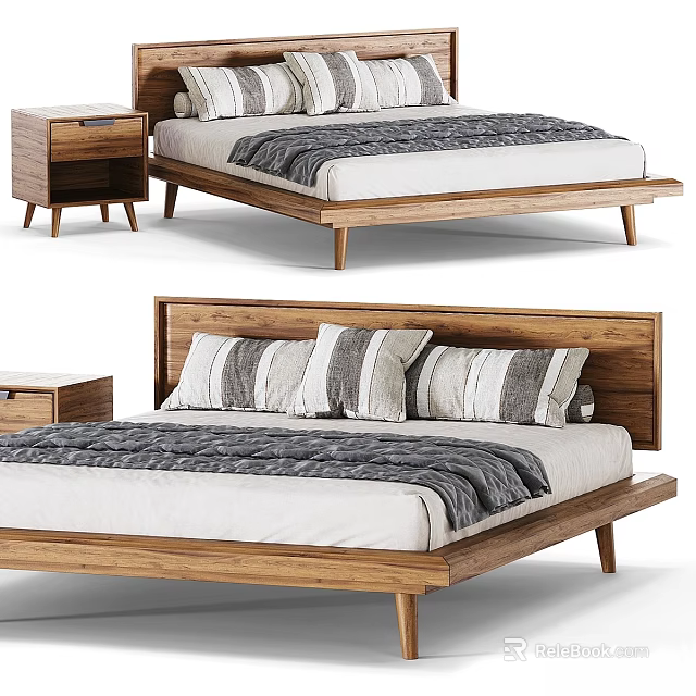 Modern Minimalist Double Bed With Wooden Frame Nightstand And Striped Pillows 3d model 