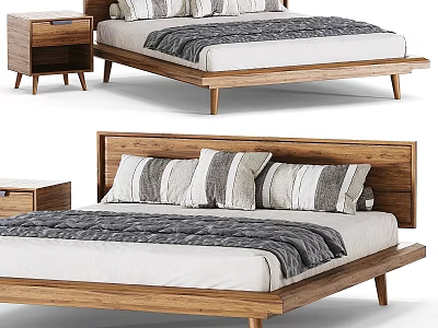 Modern Minimalist Double Bed With Wooden Frame Nightstand And Striped Pillows 3d model