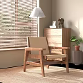 Modern Wooden Frame Leisure Chair With Beige Cushion Near Chest Of Drawers And Green Plant
