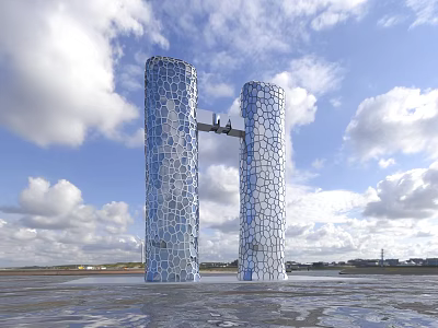 Blue Patterned Twin Towers With Connecting Structure Against Sky And Water 3d model