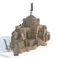 Ancient Stone Fortress Structure With Dome Arched Doors Tower And Rough Texture 3d model