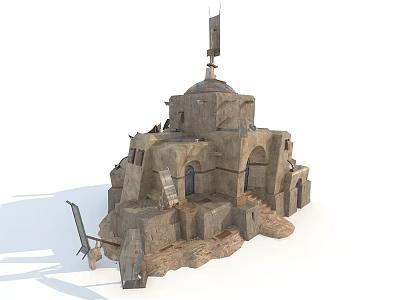 Ancient Stone Fortress Structure With Dome Arched Doors Tower And Rough Texture 3d model