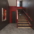 Modern Staircase Interior With Red Handrails Black Walls Marble Flooring And Warm Lighting