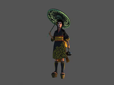 Female In Traditional Outfit Holding Green Decorated Umbrella Carrying Small Purse And Wooden Clogs 3d model