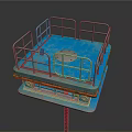 Industrial Landscape Featuring Blue Platform With Metal Railings And Orange Pipes