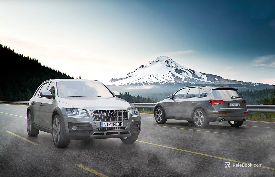 Two Silver SUV Cars Parked On Mountain Road With Snowy Peak And Forest Background 3d model 