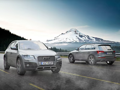 Two Silver SUV Cars Parked On Mountain Road With Snowy Peak And Forest Background 3d model