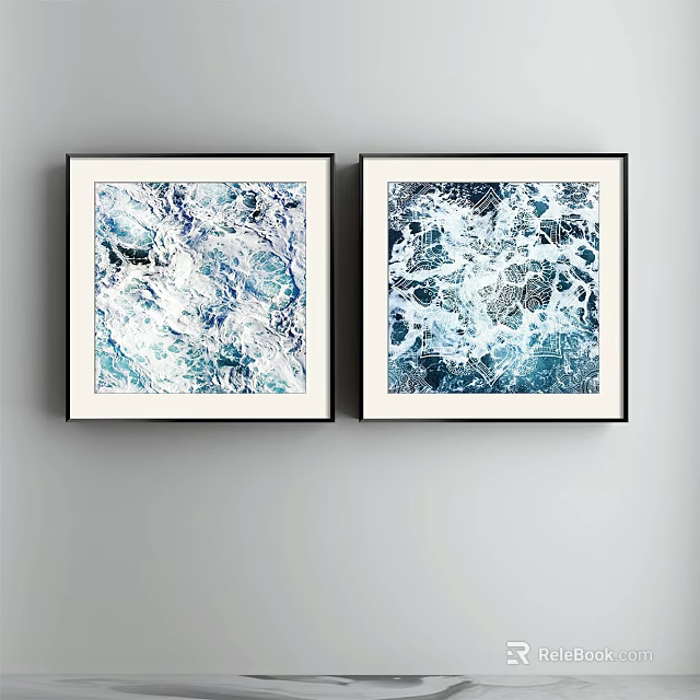 Two Blue And White Abstract Landscape Paintings In Black Frames Hanging On Wall 3d model