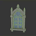 Gothic Style Decorative Window With Stone Frame Blue Glass And Star Patterns