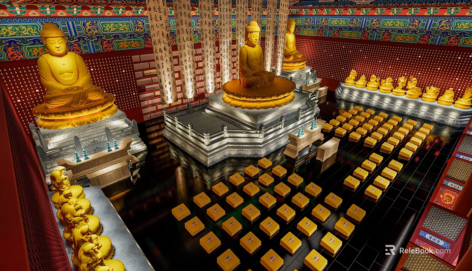 Traditional Buddhist Shrine Cabinet Interior With Golden Buddha Statues Red Walls And Ornate Ceiling 3d model 