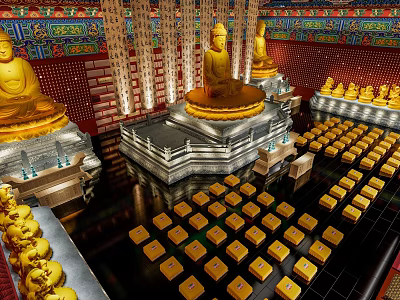 Traditional Buddhist Shrine Cabinet Interior With Golden Buddha Statues Red Walls And Ornate Ceiling 3d model