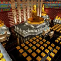 Traditional Buddhist Shrine Cabinet Interior With Golden Buddha Statues Red Walls And Ornate Ceiling