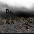 Cartoon Battlefield Scene with Ruined Castle Smoke Soldiers and Old Cannons