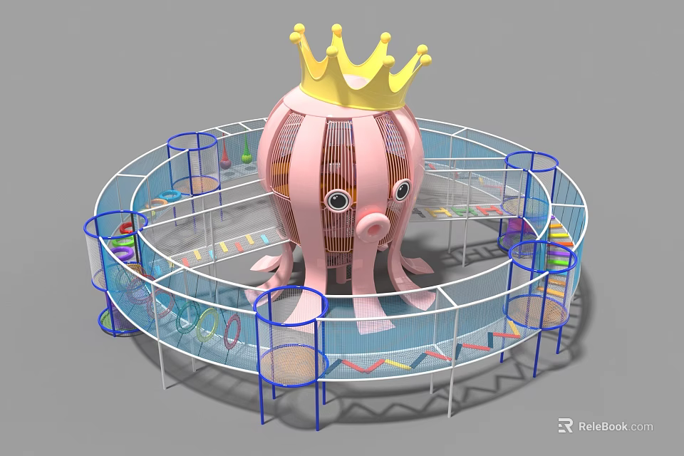 Children's Playground With Octopus Shaped Play Structure Golden Crown And Colorful Trampolines 3d model 