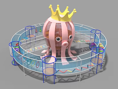 Children's Playground With Octopus Shaped Play Structure Golden Crown And Colorful Trampolines 3d model