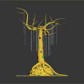 Golden Decorative Tree with Intricate Branches and Roots on Square Base Against Gray Background