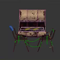 Rusted Box With Open Lid Featuring Folding Chairs Blue Parts And Green Ropes