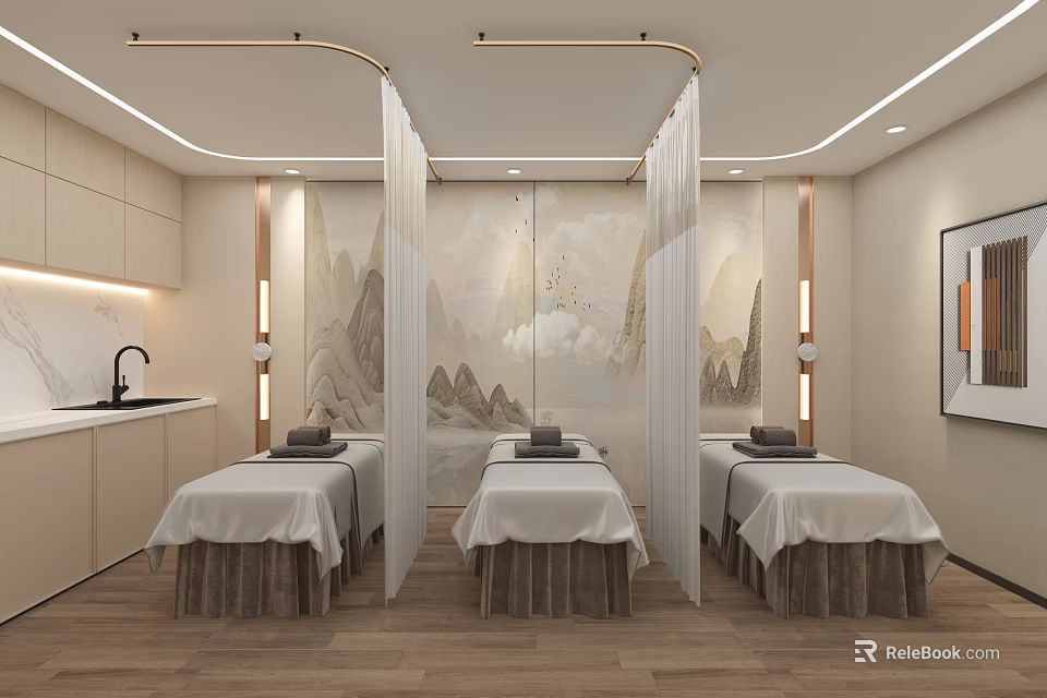 Serene SPA Sauna Interior With Three Massage Beds White Curtains And Landscape Painting Backdrop 3d model 
