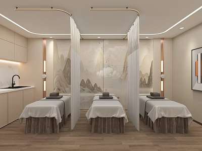 Serene SPA Sauna Interior With Three Massage Beds White Curtains And Landscape Painting Backdrop 3d model