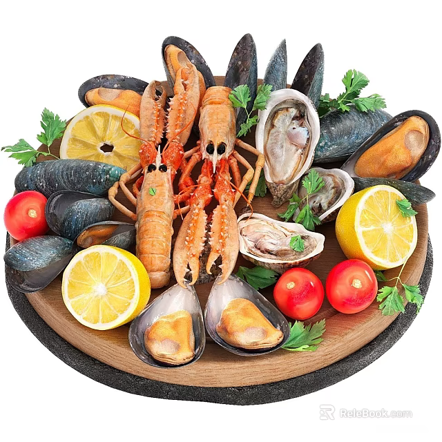 Fresh Seafood Platter With Lobster Mussels Oysters Lemon Cherry Tomatoes And Parsley 3d model 