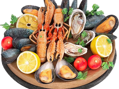 Fresh Seafood Platter With Lobster Mussels Oysters Lemon Cherry Tomatoes And Parsley 3d model