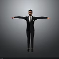 Man in Black Suit Standing with Arms Outstretched Against Grey Background
