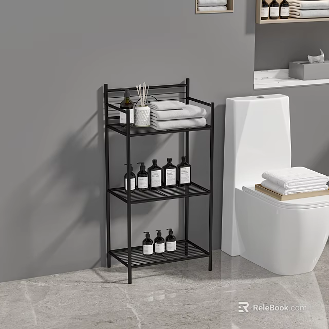Modern Bathroom 3 Tier Storage Shelf with Toiletries Towels and Aromatherapy Items Next to Toilet 3d model 