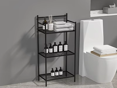 Modern Bathroom 3 Tier Storage Shelf with Toiletries Towels and Aromatherapy Items Next to Toilet 3d model