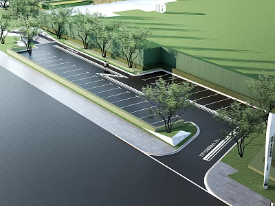Outdoor Parking Lot Layout With Marked Spaces Trees Road And Green Lawn 3d model