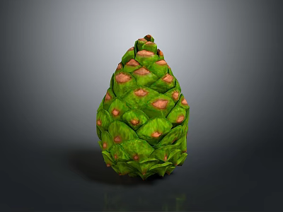 Green Pine Cone Plant Organ with Red Spots and Hair Like Scales on Gray Background 3d model