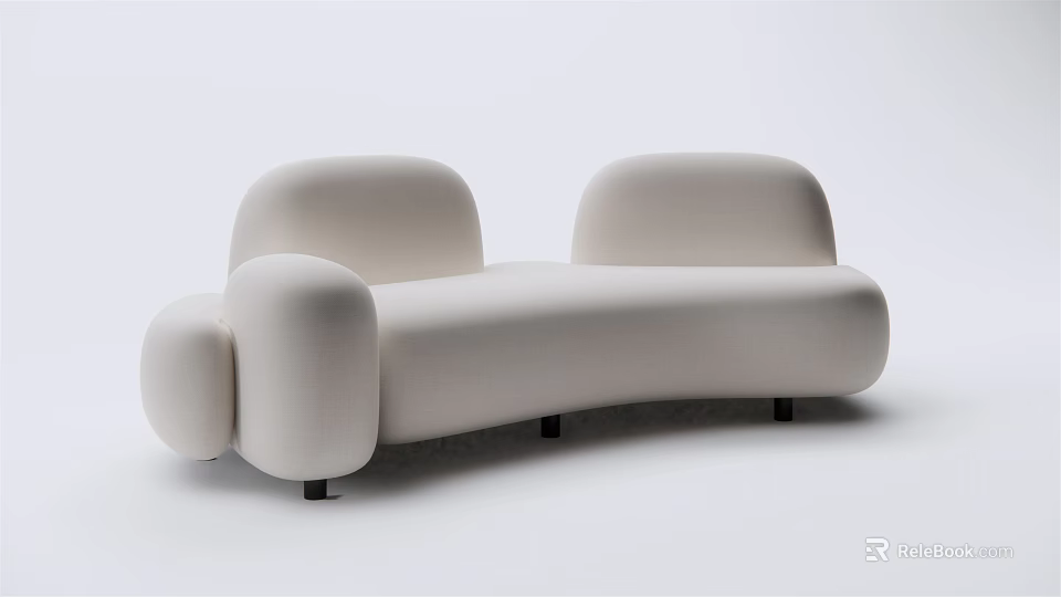 Modern White Sectional Sofa with Curved Rounded Shape Upholstered Fabric and Black Legs 3d model 