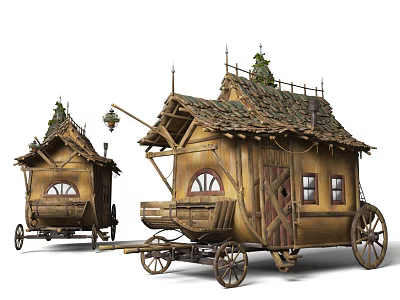 Wooden House Shaped Carriage With Roof Tiles Decorative Plants And Wheels 3d model