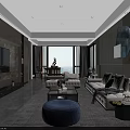 Modern Living Dining Room Interior Design With TV Wall Round Mirror Sofa And Tile Floor
