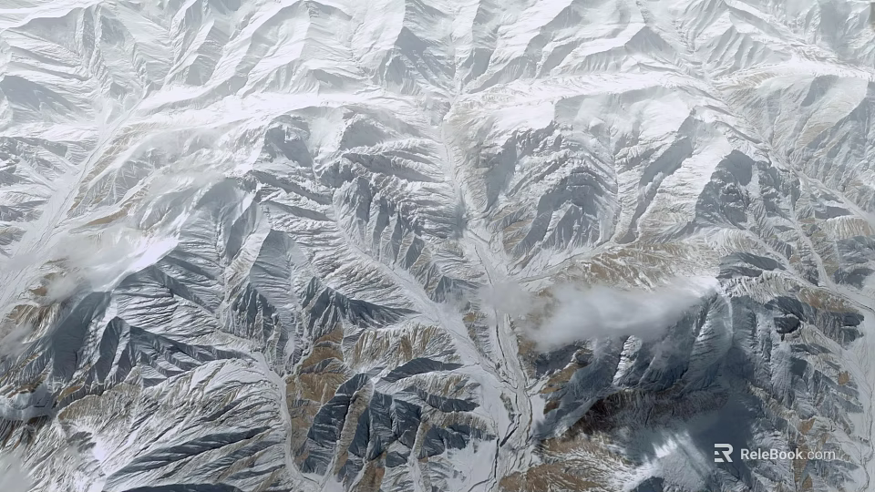 Microtopography Natural Terrain Aerial View With Detailed Mountain Ridges And Snow Cover 3d model 