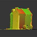 Cartoon Scene of Ancient Stone Building with Multiple Chimneys Green Grass Base and Front Structure