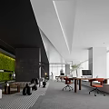Modern Public Office Space with Green Wall Open Layout Desks and Sofa Seating